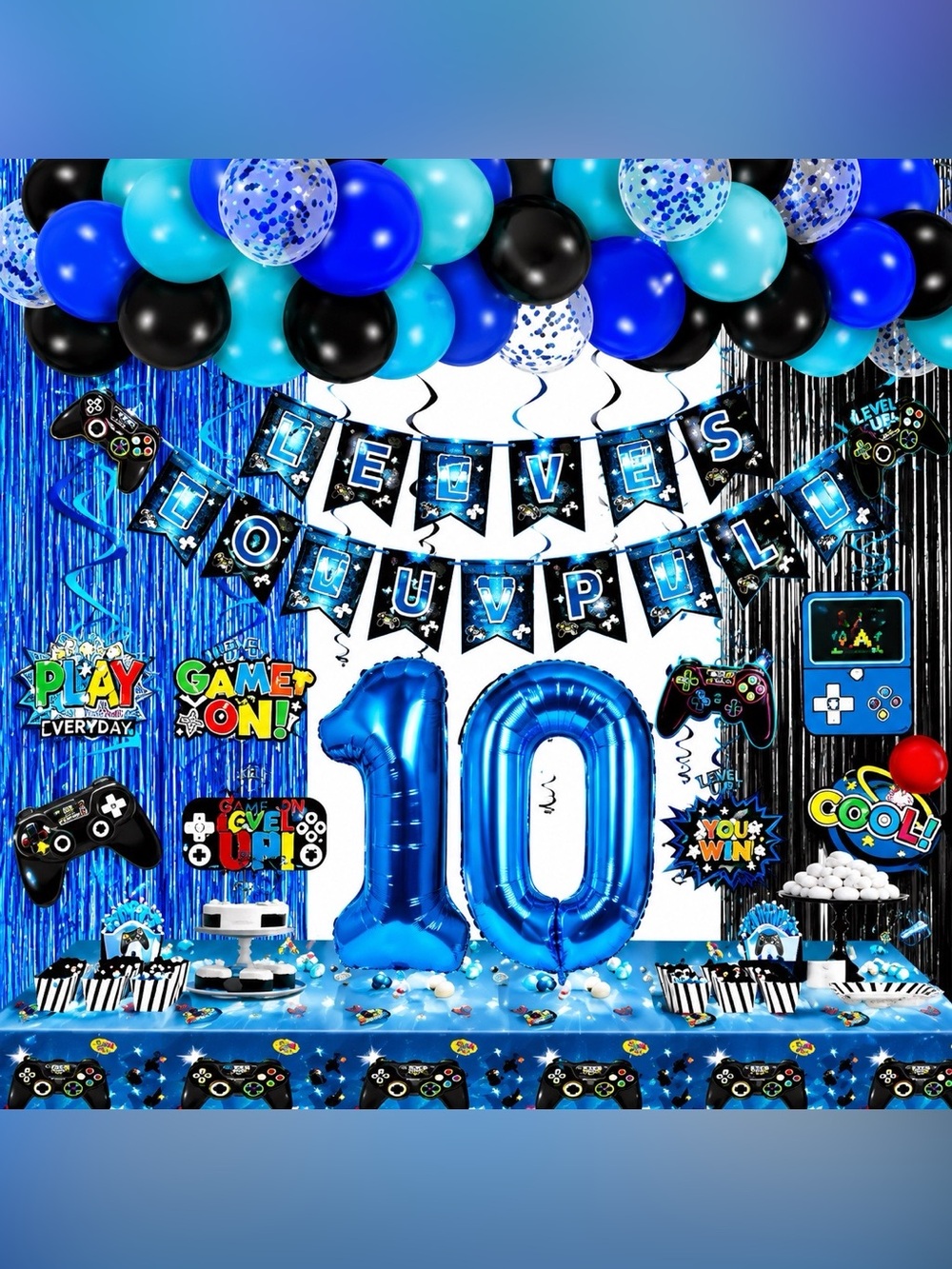 Video Game Party Decoration Kit Black Blue Balloon Banner Arch Supplies Level 10